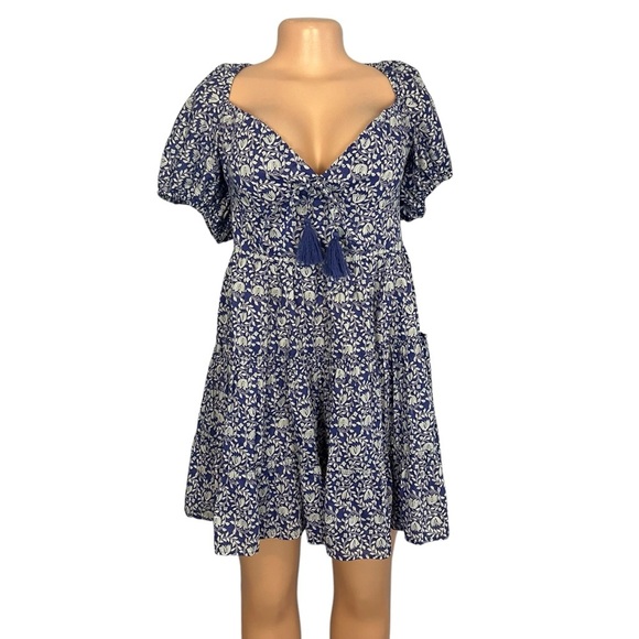 3/$30 🍂Zara Women Blue Floral A-Line Mini Dress Short Puff Sleeve Tassels Tiered - Picture 2 of 10